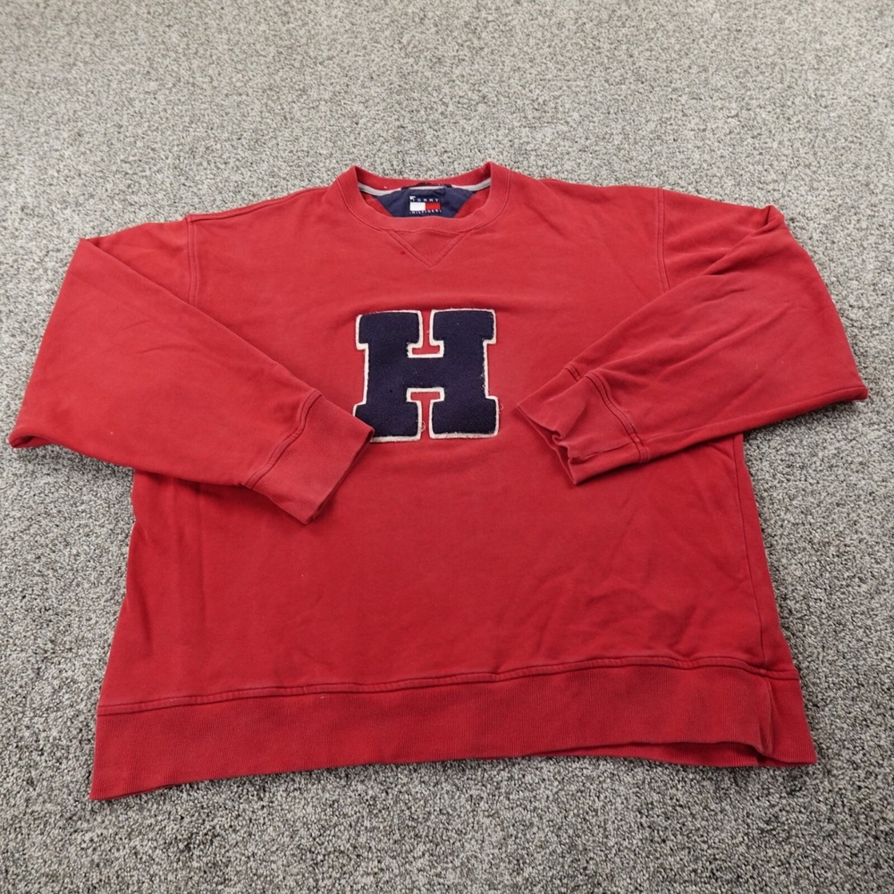 VTG Tommy Hilfiger Sweater Mens L Red Applique Logo Knit Crewneck Sweatshirt 90s